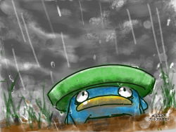 Rule 34 | black eyes, closed mouth, cloud, creatures (company), full body, game freak, gen 3 pokemon, grass, grey sky, japanese text, looking up, lotad, nintendo, no humans, outdoors, pokemon, pokemon (creature), rain, sky, solo, sunaxet, translation request, water, watermark, wet