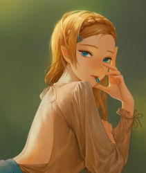 Rule 34 | 1girl, absurdres, back, backless outfit, bare back, blonde hair, blue eyes, braid, commentary, crown braid, eyelashes, from side, green background, hair ornament, unworn hair ornament, hairclip, hand on own arm, hand on own face, hand up, highres, lips, long hair, long sleeves, looking at viewer, looking to the side, messy hair, mouth hold, nintendo, pointy ears, princess zelda, realistic, shirt, shirt tucked in, sideways glance, solo, tanna, the legend of zelda, the legend of zelda: breath of the wild, tied sleeves, upper body
