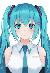 1girl absurdres black_sleeves blue_eyes blue_hair blue_necktie breasts closed_mouth collared_shirt detached_sleeves hair_between_eyes hair_ornament hairclip hatsune_miku highres long_hair looking_at_viewer medium_breasts necktie non09_24 shirt simple_background sleeveless sleeveless_shirt smile solo tattoo upper_body very_long_hair vocaloid white_background white_shirt wing_collar