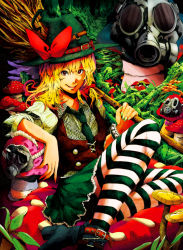 Rule 34 | 1girl, alternate eye color, bad id, bad pixiv id, blonde hair, bow, buckle, female focus, hat, hat bow, kirisame marisa, leaf, mask, mushroom, nail polish, necktie, pink eyes, savan, shoes, sitting, skirt, solo, striped clothes, striped thighhighs, thighhighs, touhou, vest, witch, witch hat