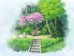 Rule 34 | bad id, bad pixiv id, bush, cherry blossoms, commentary, day, english commentary, grass, highres, nature, no humans, original, outdoors, qs2435, scenery, signature, stairs, tree