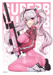 Rule 34 | 1girl, alice (nikke), animal ear headphones, animal ears, arched back, arm belt, artist name, ass, belt, blush, bodysuit, breasts, clothes writing, commentary, commission, english commentary, fake animal ears, from side, full body, goddess of victory: nikke, gradient background, grey hair, gun, hair between eyes, halftone, halftone background, hands up, headphones, headset, holding, holding gun, holding weapon, latex, latex bodysuit, long hair, long sleeves, looking at viewer, looking to the side, medium breasts, open mouth, pink background, pink bodysuit, pink eyes, pouch, puffy long sleeves, puffy sleeves, red belt, ribbed socks, rifle, shoe soles, shoes, shrug (clothing), sitting, skin tight, smile, sneakers, sniper rifle, socks, solo, teeth, text background, twintails, upper teeth only, very long hair, virus-g, wariza, weapon, white background, white footwear, white socks