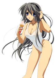 Rule 34 | 00s, 1girl, aqua eyes, black hair, breasts, clannad, female focus, food, highres, ice cream, legs, long hair, official art, one-piece swimsuit, sakagami tomoyo, smile, solo, swimsuit, thighs, tongue, white background, white one-piece swimsuit