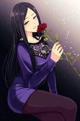 Rule 34 | 1girl, black background, black hair, black pantyhose, black trim, blush, breasts, brown eyes, cleavage, closed mouth, collarbone, crossed legs, dress, flower, from side, gradient background, hand up, highres, hiiragi shino, holding, holding flower, idolmaster, idolmaster cinderella girls, idolmaster cinderella girls starlight stage, invisible chair, large breasts, light particles, long hair, long sleeves, looking at viewer, pantyhose, parted bangs, popon ta, purple dress, see-through, see-through cleavage, sitting, smile, solo