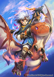 Rule 34 | 1boy, boots, bow (weapon), cardfight!! vanguard, child, cloud, company name, crossbow, day, dragon, facial tattoo, feathers, fingerless gloves, fire, fur trim, gloves, goggles, goggles on head, kawasumi (japonica), male focus, official art, purple eyes, sky, solo, spark kid dragoon, tattoo, teeth, weapon, white hair