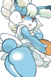 Rule 34 | 1girl, :o, animal ears, apron, ass, blue skin, blush, chef hat, colored skin, furry, furry female, harami (artist), hat, looking back, naked apron, odin sphere, pooka (odin sphere), rabbit, rabbit ears, red eyes, simple background, solo, tail, white hair