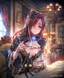 Rule 34 | 10s, 1girl, black dress, black flower, black rose, breasts, brown hair, candelabra, candle, candlestand, cat, ceres (shingeki no bahamut), chair, chandelier, colored sclera, company name, curtains, drawing (object), dress, flower, hair flower, hair ornament, highres, holding, holding spoon, indoors, long hair, official art, okada manabi, purple eyes, rose, scar, scar on face, shingeki no bahamut, sitting, spoon, watermark, wide sleeves, window, yellow sclera, | |