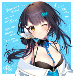Rule 34 | 1girl, absurdres, black hair, blue background, border, breasts, brown eyes, butterfly hair ornament, character request, cleavage, closed mouth, collarbone, detached collar, haiba 09, hair ornament, highres, looking at viewer, medium breasts, one eye closed, outside border, rabbit hair ornament, short hair with long locks, sidelocks, smile, solo, white border