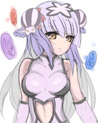 Rule 34 | 1girl, bare shoulders, braid, breasts, bun cover, cat hair ornament, china dress, chinese clothes, clothing cutout, double bun, dress, elbow gloves, flanker, gloves, hair bun, hair ornament, haku (p&amp;d), long hair, midriff, multicolored hair, navel cutout, orb, purple hair, puzzle &amp; dragons, silver hair, simple background, sleeveless, sleeveless dress, smile, solo, two-tone hair, upper body, white background, white dress, white gloves, yellow eyes