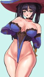 Rule 34 | 1girl, :o, absurdres, aqua neckwear, bare shoulders, black choker, black gloves, black hair, breasts, choker, cleavage, collarbone, detached sleeves, genshin impact, gloves, green eyes, hat, highres, large breasts, long hair, looking at viewer, loooyd, mona (genshin impact), open mouth, simple background, solo, thighs, twintails, witch hat