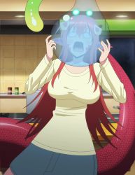 Rule 34 | 10s, 1girl, absurdres, asphyxiation, breasts, drowning, highres, lamia, large breasts, long hair, miia (monster musume), monster girl, monster musume no iru nichijou, open mouth, red hair, standing, stitched, suu (monster musume), third-party edit