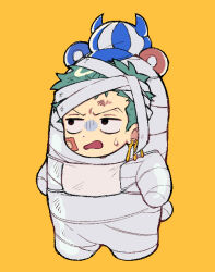 Rule 34 | 1boy, bandaid, bandaid on face, chibi, chibi only, dot nose, earrings, green hair, jewelry, male focus, mummy costume, one piece, open mouth, roronoa zoro, short hair, simple background, solo, striped clothes, striped headwear, sweatdrop, tong noe, yellow background
