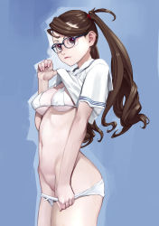 Rule 34 | 1girl, bikini, bikini pull, blouse, blue-framed eyewear, blue background, breasts, brown eyes, brown hair, closed mouth, clothes lift, clothes pull, cowboy shot, expressionless, glasses, groin, hair tie, highres, inamitsu shinji, legs together, lifting own clothes, lips, long hair, looking at viewer, medium breasts, nail polish, navel, no pants, original, pink nails, pulling own clothes, sailor collar, school uniform, serafuku, shirt, shirt lift, short sleeves, solo, standing, stomach, swimsuit, twintails, undressing, white bikini, white sailor collar, white serafuku, white shirt