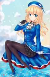 Rule 34 | 10s, 1girl, atago (kancolle), bird, black gloves, black pantyhose, blonde hair, blush, breasts, day, female focus, fred0092, gloves, green eyes, hat, high heels, highres, kantai collection, large breasts, long hair, looking at viewer, military, military uniform, pantyhose, sky, smile, solo, uniform, water