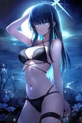Rule 34 | 1girl, absurdres, arm up, bikini, black bikini, blue archive, blue eyes, blue hair, breasts, commentary request, cowboy shot, fireflies, flower, halo, highres, large breasts, light particles, long hair, looking at viewer, moon, moonlight, navel, night, night sky, ocean, parted lips, revision, saori (blue archive), saya kuroha, sky, solo, stomach, swimsuit, thigh strap, water, white flower