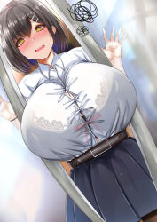 Rule 34 | 1girl, automatic door, belt, black hair, blue hair, blush, bra, bra visible through clothes, bralines, breasts, bursting breasts, chomikuplus, cleavage, colored inner hair, dawn (chomikuplus), hair ornament, hairclip, highres, huge breasts, inconvenient breasts, miniskirt, mole, multicolored hair, nervous, office lady, open mouth, original, see-through, shirt, short hair, skirt, sliding doors, solo, standing, stuck, underwear, wet, wet clothes, wet shirt, yellow eyes