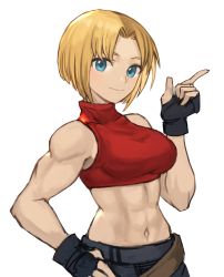 Rule 34 | 1girl, abs, armpits, bare shoulders, belt, black gloves, blonde hair, blue eyes, blue mary, bob cut, breasts, closed mouth, commentary, covered collarbone, cowboy shot, crop top, denim, fatal fury, gloves, hair intakes, hand up, highres, index finger raised, korean commentary, light smile, looking at viewer, medium breasts, midriff, multiple belts, muscular, muscular female, navel, parted hair, shirt, short hair, simple background, solo, sookmo, the king of fighters, turtleneck
