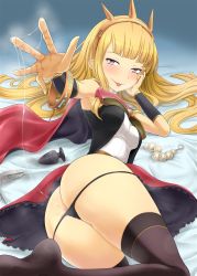 Rule 34 | 10s, 1girl, anal beads, anal tail, anus only, armpits, ass, ass juice, black panties, black thighhighs, blonde hair, blush, bracelet, breasts, butt crack, butt plug, cagliostro (granblue fantasy), cape, crown, curvy, dress, fake tail, from behind, granblue fantasy, hairband, hand on own cheek, hand on own face, head rest, jewelry, long hair, looking at viewer, looking back, lying, on floor, on side, open hand, panties, purple eyes, red eyes, red skirt, sex toy, short dress, shown, skirt, small breasts, solo, tail, thick thighs, thighhighs, thighs, tiara, tongue, tongue out, uncensored, underwear, wide hips