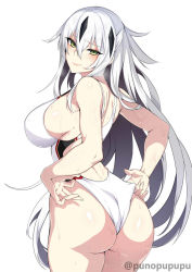 Rule 34 | 1girl, ass, back, bare shoulders, black hair, breasts, fate/grand order, fate (series), green eyes, hair between eyes, highleg, highleg swimsuit, highres, huge ass, koha-ace, large breasts, long hair, looking at viewer, multicolored hair, nagao kagetora (fate), one-piece swimsuit, puuzaki puuna, sideboob, sidelocks, smile, swimsuit, thighs, two-tone hair, very long hair, wet, white hair, white one-piece swimsuit