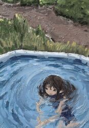 Rule 34 | 1girl, black eyes, brown hair, faux traditional media, felurya, from above, grass, highres, impasto, original, painterly, partially submerged, path, road, solo, water