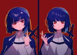 Rule 34 | 1girl, black hair, closed mouth, collared shirt, empty eyes, hand up, limbus company, middle finger, multiple views, pmchell 04, project moon, red background, red eyes, ryoshu (project moon), shirt, short hair, simple background, white shirt