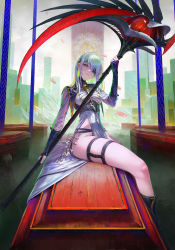 Rule 34 | 1girl, absurdres, casket, colored inner hair, eyepatch, green hair, highres, holding, holding scythe, legs, light smile, looking at viewer, multicolored hair, nababa, nail polish, no panties, original, purple hair, red eyes, scythe, sitting, solo