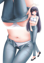 Rule 34 | 1girl, absurdres, ass, ass focus, black hair, blue archive, blue pants, blush, bra, breasts, collarbone, cowboy shot, crotch focus, denim, grey halo, halo, highres, long hair, looking at viewer, miyu (blue archive), multiple views, navel, open mouth, pants, red eyes, shira jun, simple background, small breasts, thigh gap, underwear, white background, white bra