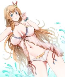 Rule 34 | 1girl, arm up, bikini, blonde hair, blue eyes, blush, bracelet, braid, breasts, breasts apart, cameltoe, covered erect nipples, dutch angle, flower, gluteal fold, groin, hair flower, hair ornament, highres, jewelry, large breasts, long hair, navel, pecorine (princess connect!), pecorine (summer) (princess connect!), princess connect!, ryu jiao, side-tie bikini bottom, smile, solo, splashing, swimsuit, thighs, wading, white background