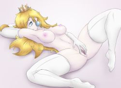 Rule 34 | 1girl, armpits, blonde hair, blue eyes, breasts, clitoris, crown, earrings, elbow gloves, female focus, gloves, gradient background, imp (impractical), impracticalart, jewelry, large breasts, long hair, lying, mario (series), navel, nintendo, nipples, nude, princess peach, pussy, solo, super mario bros. 1, super mario galaxy, thighhighs, uncensored