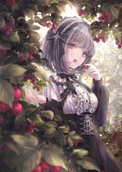 Rule 34 | 1girl, black bow, black hairband, black skirt, bow, breasts, center frills, commentary request, day, food, frilled hairband, frills, fruit, grey hair, hair bow, hairband, hands up, highres, holding, holding food, looking at viewer, medium breasts, missile228, open mouth, original, outdoors, raspberry, red eyes, shirt, short hair, skirt, solo, tongue, tongue out, white shirt