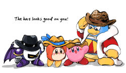 Rule 34 | armor, bandana, bandana over mouth, bandana waddle dee, bat wings, bel (doting123), colored skin, commentary request, cowboy hat, fur trim, gloves, hat, king dedede, kirby, kirby&#039;s return to dream land deluxe, kirby (series), looking at another, meta knight, nintendo, no humans, open mouth, pauldrons, pink skin, shoulder armor, simple background, solid oval eyes, white background, wings, yellow gloves