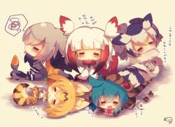 Rule 34 | 10s, 5girls, :&lt;, = =, animal, animal ear fluff, animal ears, barefoot, bird, bird tail, black hair, black ribbon, blonde hair, blue hair, blush, bow, bowtie, chibi, closed eyes, closed mouth, coat, commentary request, elbow gloves, facing viewer, fang, frilled sleeves, frills, fur-trimmed coat, fur-trimmed sleeves, fur collar, fur trim, geta, gloves, grey coat, grey jacket, grey legwear, grey shorts, hair between eyes, head wings, high-waist skirt, highres, hood, hood up, hoodie, jacket, japanese crested ibis (kemono friends), kemono friends, long sleeves, lying, multicolored hair, multiple girls, muuran, neck ribbon, necktie, northern white-faced owl (kemono friends), on stomach, open mouth, orange hair, panties, pantyhose, parted lips, pink bow, print gloves, print legwear, print neckwear, print skirt, profile, red hair, ribbon, serval (kemono friends), serval print, serval tail, shirt, shoebill, shoebill (kemono friends), shoes, shorts, sitting, skirt, sleeveless, sleeveless shirt, sleeves past fingers, sleeves past wrists, snake tail, spoken squiggle, squiggle, striped clothes, striped hoodie, striped tail, tail, thighhighs, traditional bowtie, translation request, triangle mouth, tsuchinoko (kemono friends), underwear, unworn shoes, white hair, white jacket, white neckwear, white panties, white shirt, wings