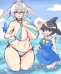 Rule 34 | 2girls, anchor hair ornament, animal ears, beach, bikini, black hair, blonde hair, blowhole, blue eyes, blue hair, blue whale (kemono friends), bow, breasts, cetacean tail, common dolphin (kemono friends), covered erect nipples, dolphin girl, dorsal fin, dress, fins, fish tail, glasses, grey hair, hair ornament, japari symbol, kemono friends, kemono friends 3, kemonokiller, large breasts, long hair, looking at viewer, mature female, multicolored hair, multiple girls, navel, nipple slip, nipples, o-ring, o-ring bikini, open mouth, partially submerged, sailor collar, shirt, short hair, side-tie bikini bottom, sleeveless, smile, swimsuit, tail, white hair