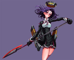 Rule 34 | 10s, 1girl, bad id, bad pixiv id, black gloves, blush, breasts, dress, gloves, halo, holding, holding weapon, kantai collection, looking at viewer, mechanical halo, nayutarou (nyt kag), polearm, purple background, purple eyes, purple hair, simple background, smile, solo, tatsuta (kancolle), torpedo, weapon
