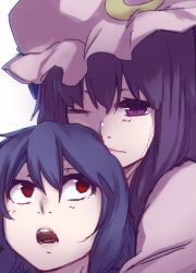 Rule 34 | 2girls, blue hair, crescent, hat, highres, hug, hug from behind, long hair, looking at another, looking up, md5 mismatch, mob cap, multiple girls, no headwear, one eye closed, open mouth, patchouli knowledge, purple eyes, purple hair, red eyes, remilia scarlet, resized, short hair, simple background, terimayo, touhou, white background
