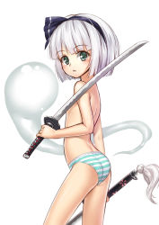 Rule 34 | 1girl, ass, bad id, bad pixiv id, bobomaster, breasts, censored, convenient censoring, cowboy shot, dual wielding, green eyes, hairband, highres, hitodama, holding, katana, konpaku youmu, konpaku youmu (ghost), looking at viewer, looking back, panties, panties only, parted lips, petite, ribbon, short hair, silver hair, simple background, small breasts, solo, standing, striped clothes, striped panties, sword, tassel, topless, touhou, underwear, underwear only, weapon, white background