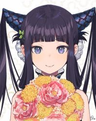 Rule 34 | 1girl, bare shoulders, black dress, blue eyes, blunt bangs, blush, bouquet, breasts, closed mouth, dress, fate/grand order, fate (series), flower, hair ornament, leaf hair ornament, long hair, looking at viewer, nagu, purple hair, sidelocks, smile, twintails, very long hair, yang guifei (fate), yang guifei (second ascension) (fate)