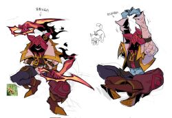 Rule 34 | 1boy, animal, arms up, belt, brown belt, brown footwear, cat, fidorubeibi, grin, highres, holding, holding weapon, league of legends, long sleeves, male focus, multiple views, navel, pants, red eyes, red hood, red pants, shaco, sharp teeth, sitting, smile, soul fighter shaco, standing, stomach, straitjacket, stretching, teeth, thigh strap, translation request, weapon