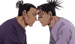 Rule 34 | 2boys, black hair, choso (jujutsu kaisen), expressionless, eye contact, facial tattoo, forehead-to-forehead, from side, heads together, highres, jujutsu kaisen, looking at another, male focus, mitinobanana, multiple boys, muscular, muscular male, profile, scar, scar across eye, shirt, short hair, sideburns, tattoo, toudou aoi (jujutsu kaisen), twintails, upper body