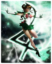 Rule 34 | 1990s (style), 1girl, \m/, bishoujo senshi sailor moon, boots, bow, brown hair, choker, cross-laced footwear, double \m/, earrings, elbow gloves, electricity, gloves, green background, green eyes, green footwear, green skirt, green theme, high heel boots, high heels, jewelry, kino makoto, lace-up boots, leotard, lightning, long hair, magical girl, miniskirt, natepes, pink bow, pleated skirt, ponytail, retro artstyle, sailor collar, sailor jupiter, shoes, skirt, solo, tiara, white gloves