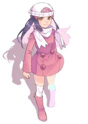 Rule 34 | 1girl, ayan ip, beanie, black hair, boots, buttons, closed mouth, coat, commentary, creatures (company), dawn (pokemon), eyelashes, full body, game freak, hair ornament, hairclip, hat, highres, long hair, long sleeves, looking at viewer, nintendo, over-kneehighs, pink coat, pink footwear, pokemon, pokemon adventures, scarf, sidelocks, smile, solo, standing, thighhighs, white background, white hat, white scarf, yellow eyes