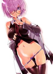 Rule 34 | 1girl, absurdres, clothes pull, fate/grand order, fate (series), finger to mouth, glasses, groin, highres, mash kyrielight, panties, panty pull, pantyhose, pantyhose pull, pink hair, pussy, pussy juice, pussy peek, shiny skin, short hair, thigh gap, underwear