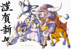 Rule 34 | :d, blue eyes, bouffalant, ccc (461868714), clenched teeth, closed mouth, commentary request, creatures (company), game freak, gen 1 pokemon, gen 2 pokemon, gen 5 pokemon, gen 7 pokemon, highres, legendary pokemon, legs apart, miltank, nintendo, no humans, open mouth, orange eyes, pokemon, pokemon (creature), smile, tapu bulu, tauros, teeth, terrakion, tongue, translation request