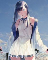Rule 34 | 1girl, aqua eyes, bare shoulders, black hair, blue sky, chain-link fence, cloud, commentary request, day, fence, highres, jacket, long hair, looking at viewer, md5 mismatch, off shoulder, open clothes, open jacket, original, outdoors, resolution mismatch, shirt, skirt, sky, sleeveless, sleeveless shirt, sleeves past wrists, solo, source larger, sousou (sousouworks), standing, white skirt