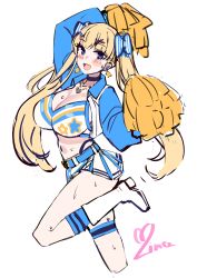 Rule 34 | 1girl, :d, belt, blush, boots, bow, cheerleader, choker, earrings, hair bow, hair ornament, hairclip, high heels, highres, jewelry, leg up, lina (michihasu), long hair, looking at viewer, michihasu, midriff, navel, necktie, open mouth, original, pom pom (cheerleading), sketch, skirt, smile, solo, sweat, twintails, very long hair, white background