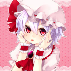 Rule 34 | 1girl, :p, ascot, bad id, bad pixiv id, brooch, female focus, hands on own cheeks, hands on own face, hat, jewelry, light purple hair, red eyes, remilia scarlet, short hair, solo, tongue, tongue out, touhou, upper body, wrist cuffs, yutazou