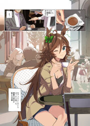 Rule 34 | 1boy, 1girl, afterimage, ahoge, alternate costume, animal ears, blue shorts, bracelet, breasts, brown hair, brown jacket, casual, chair, cleavage, closed mouth, crossed legs, cup, cutoffs, green eyes, grey jacket, hair ornament, hairclip, holding, holding cup, horse ears, horse girl, horse tail, jacket, jewelry, long hair, looking at viewer, misu kasumi, motion lines, mr. c.b. (umamusume), necklace, one eye closed, open clothes, open jacket, out of frame, outdoors, people, sailor collar, shirt, short shorts, shorts, sitting, small breasts, smile, speech bubble, spoon, steam, sweatdrop, table, tail, teacup, tissue, trainer (umamusume), translation request, umamusume, waiter, white shirt