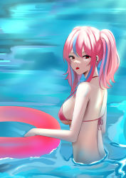 Rule 34 | 1girl, absurdres, alternate costume, azur lane, back, bare back, bare shoulders, bikini, bikini top only, breasts, bremerton (azur lane), chinese commentary, closed mouth, from side, highres, holding, holding swim ring, innertube, large breasts, lifebuoy, long hair, looking at viewer, mianbaoren, mole, mole under eye, multicolored hair, on water, pink bikini, pink hair, red eyes, sideboob, solo, standing, streaked hair, swim ring, swimsuit, tongue, tongue out, twintails, water