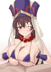 Rule 34 | 1boy, 1girl, absurdres, areola slip, bead necklace, beads, bikini, blush, breasts, breasts squeezed together, brown eyes, brown hair, censored, closed mouth, covered erect nipples, cum, earrings, ejaculation, fate/grand order, fate (series), fingerless gloves, gloves, hat, hetero, highres, hoop earrings, jewelry, large breasts, liu han, looking at viewer, micro bikini, mosaic censoring, necklace, one eye closed, paizuri, penis, prayer beads, projectile cum, purple bikini, raised eyebrows, swimsuit, variant set, wavy mouth, xuangzang sanzang (fate)