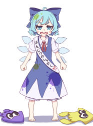 Rule 34 | 1girl, absurdres, ahoge, blue bow, blue dress, blue eyes, blue hair, blush stickers, bow, bowtie, cirno, collared shirt, commentary request, dress, fang, frills, full body, grey shirt, hair between eyes, highres, ice, ice wings, inkling, kame (kamepan44231), looking at viewer, nintendo, open mouth, paint on clothes, puffy short sleeves, puffy sleeves, red bow, red bowtie, sash, shadow, shirt, short hair, short sleeves, simple background, solo, splatoon (series), standing, stuffed toy, tongue, touhou, toy, v-shaped eyebrows, white background, wings